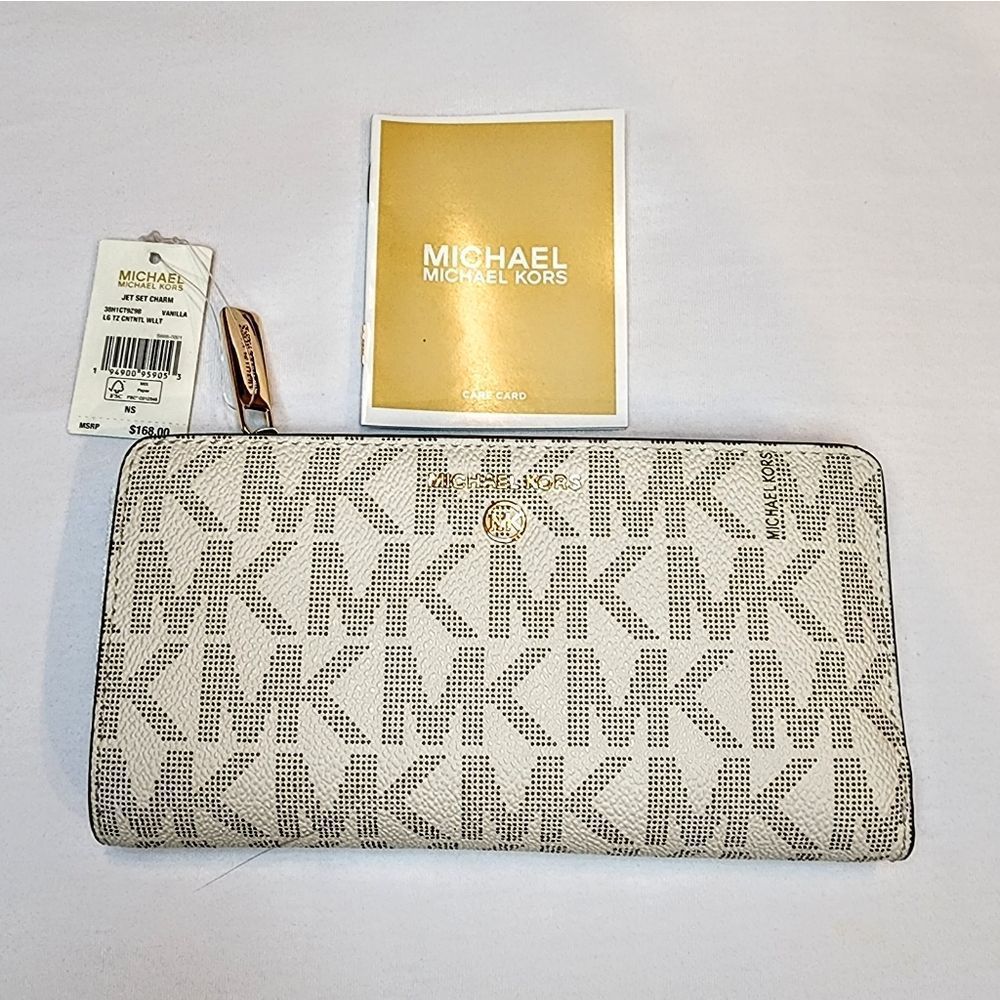 Michael Kors Brown Leather and White Signature Print Large Continental Wallet